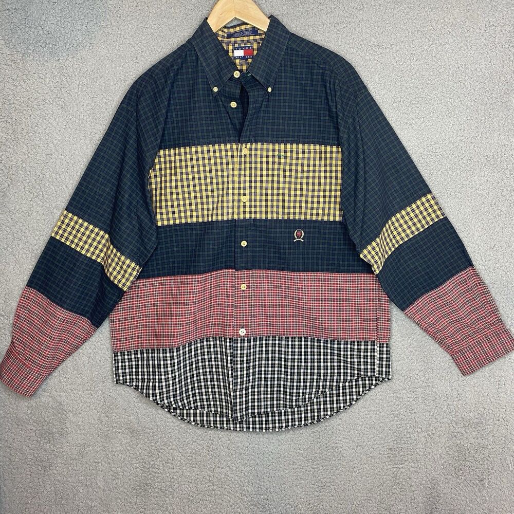VTG Preppy Frat Boy Tommy Hilfiger Mens Patchwork Plaid Button Down Shirt Sz L